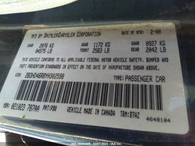 Dodge Intrepid Base 2000 2B3HD46R8YH302598 Image 10