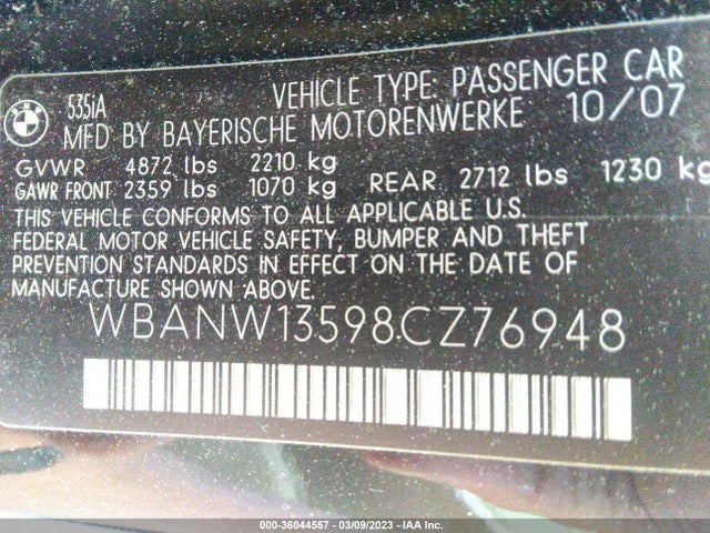 2008 BMW 5 SERIES 535I VIN: WBANW13598CZ76948