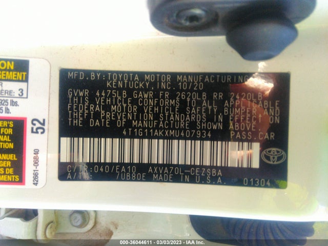 2021 Toyota Camry, VIN: 4T1G11AKXMU407934