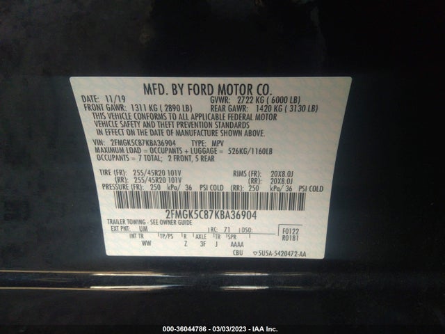 2019 FORD FLEX SEL VIN: 2FMGK5C87KBA36904