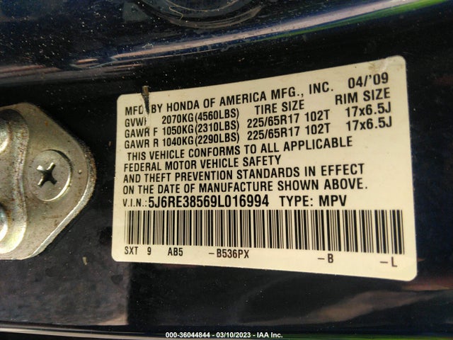 Honda CR-V EX 2009 5J6RE38569L016994 Image 10