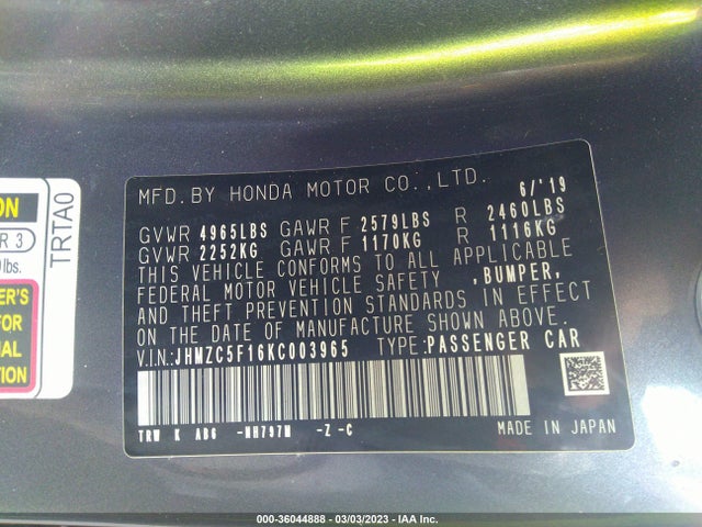 2019 Honda Clarity, VIN: JHMZC5F16KC003965