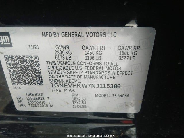 2022 Chevrolet Traverse, VIN: 1GNEVHKW7NJ115386