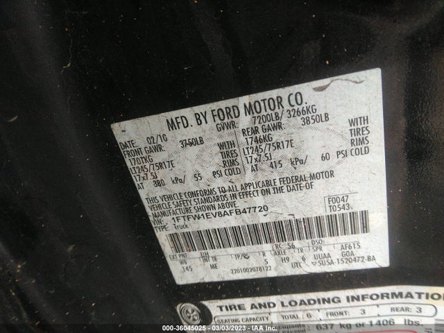 2010 Ford F-150 Xl/xlt/fx4/lariat მანქანა იყიდება აუქციონზე, vin: 1FTFW1EV8AFB47720, აუქციონის ნომერი: 36045025