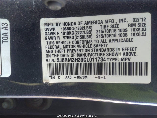 2012 HONDA CR-V LX VIN: 5J6RM3H39CL011734