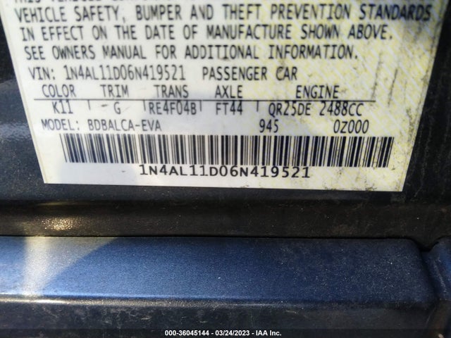 2006 NISSAN ALTIMA 2.5 VIN: 1N4AL11D06N419521