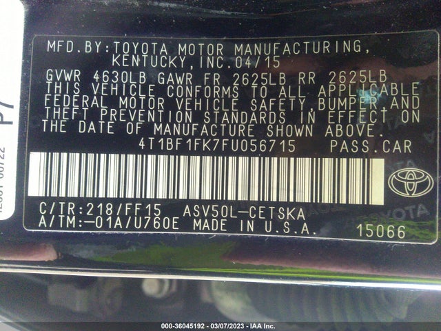 2015 TOYOTA CAMRY XLE/SE/LE/XSE VIN: 4T1BF1FK7FU056715