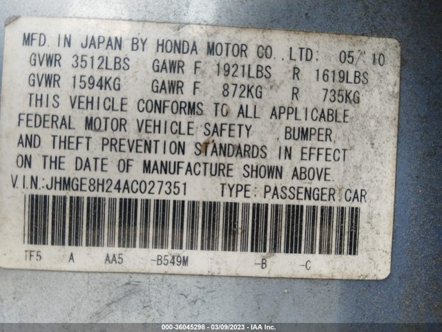 Honda Fit 2010 JHMGE8H24AC027351 Image 9