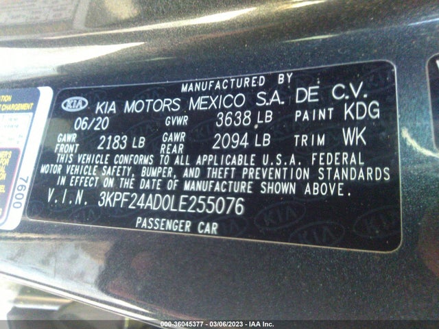 2020 KIA FORTE FE VIN: 3KPF24AD0LE255076