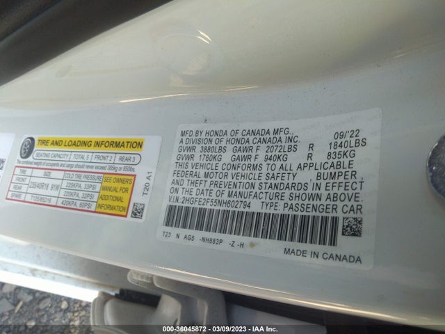 2022 HONDA CIVIC SEDAN SPORT VIN: 2HGFE2F55NH602794