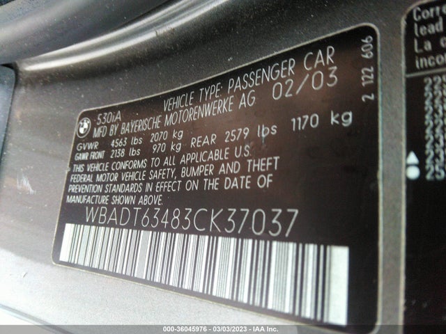2003 BMW 5 SERIES 530IA VIN: WBADT63483CK37037