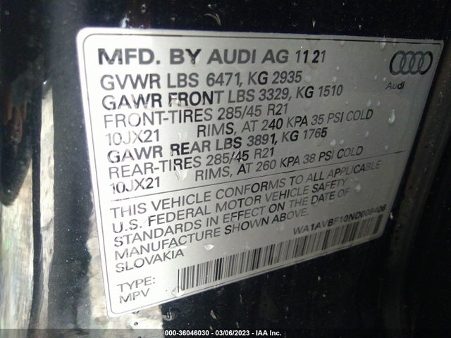 2022 Audi Q8, VIN: WA1AVBF10ND009406