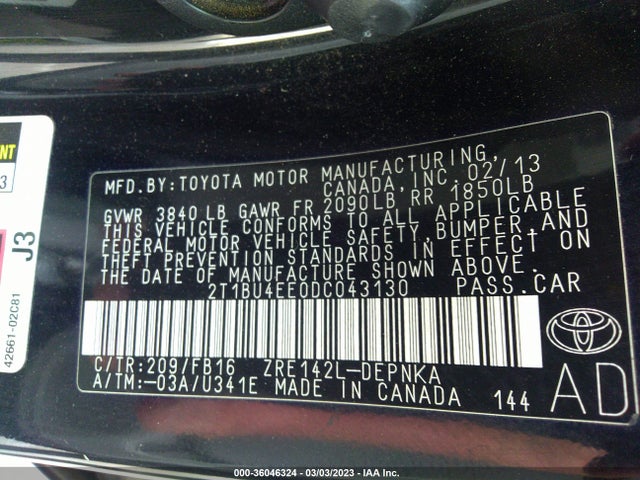 2013 TOYOTA COROLLA L/LE/S VIN: 2T1BU4EE0DC043130