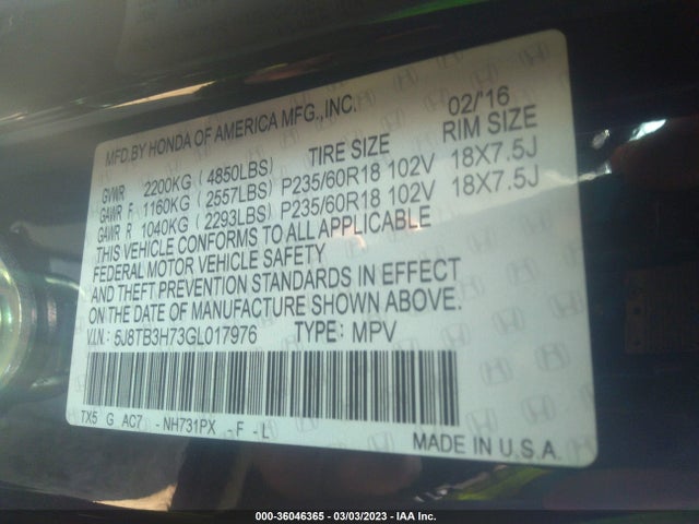 2016 Acura RDX, VIN: 5J8TB3H73GL017976