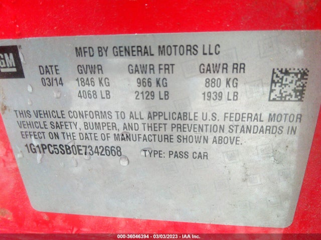 Chevrolet Cruze 1lt 2014 1G1PC5SB0E7342668 Image 9