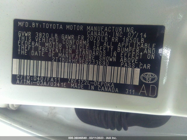 Toyota Corolla L/le/s/s Plus/le Plus 2014 2T1BURHE9EC213690 Image 9