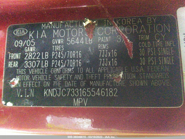2006 KIA SORENTO LX/EX VIN: KNDJC733165546182
