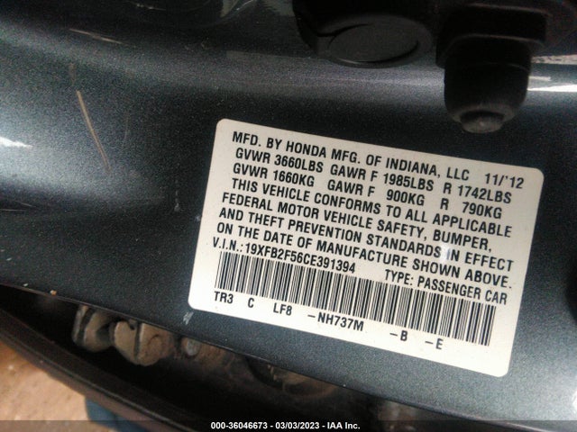 2012 HONDA CIVIC SDN LX VIN: 19XFB2F56CE391394