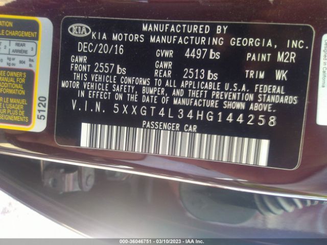 5XXGT4L34HG144258 KIA Optima Lx