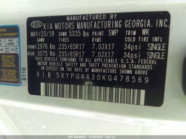 5XYPG4A30KG478569 KIA SORENTO LX