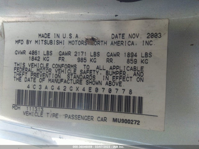 4C3AG42GX4E070778 Chrysler Sebring