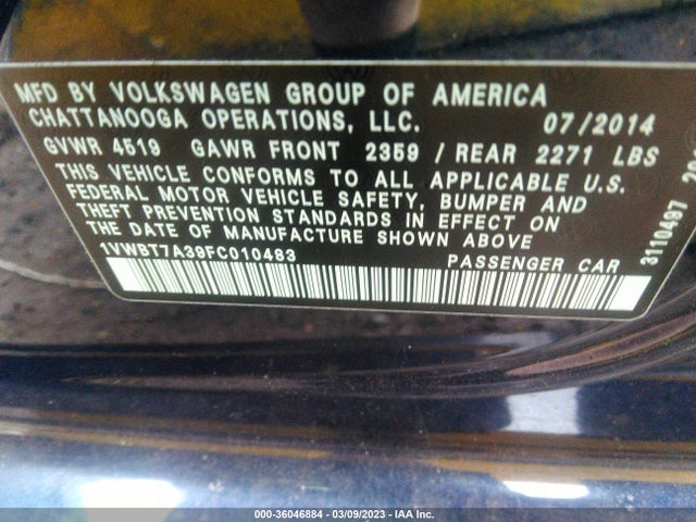 1VWBT7A39FC010483 Volkswagen Passat 1.8t Se W/sunroof & Nav