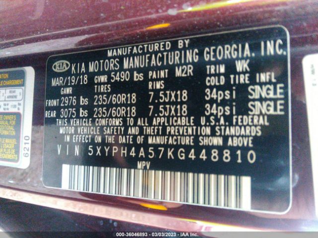 5XYPH4A57KG448810 KIA Sorento Ex V6