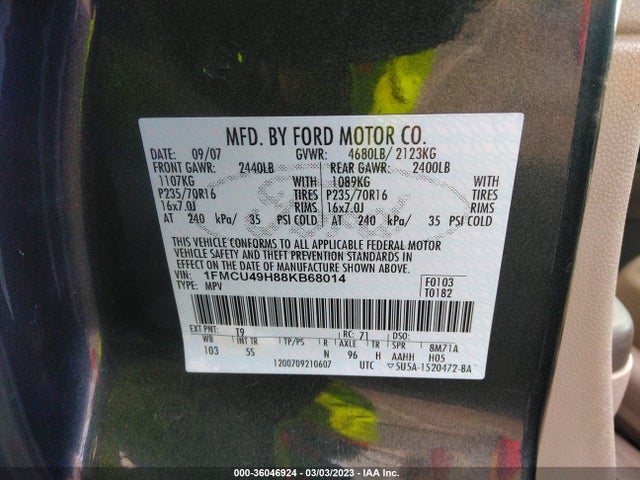 2008 FORD ESCAPE HYBRID VIN: 1FMCU49H88KB68014