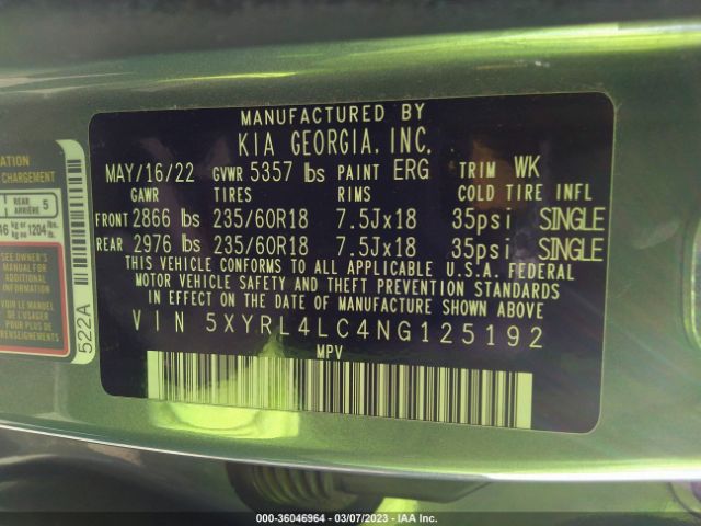 5XYRL4LC4NG125192 KIA SORENTO S