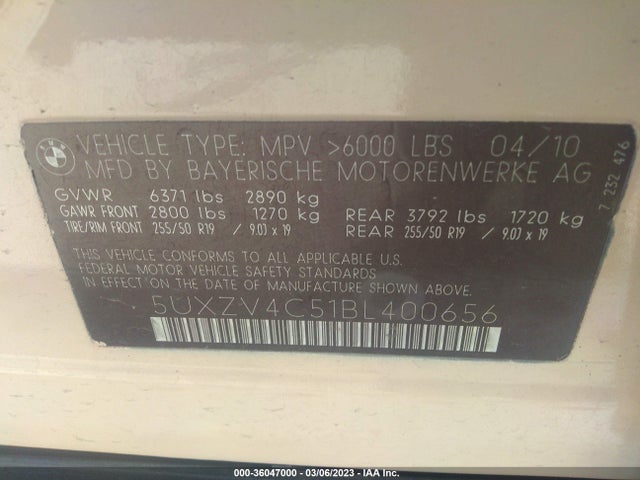 Продажа на аукционе авто 2011 Bmw X5 35i, vin: 5UXZV4C51BL400656, номер лота: 36047000