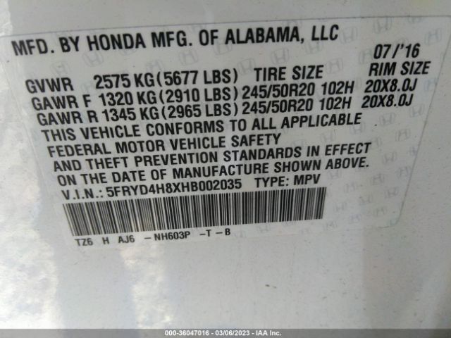5FRYD4H8XHB002035 Acura Mdx W/advance Pkg