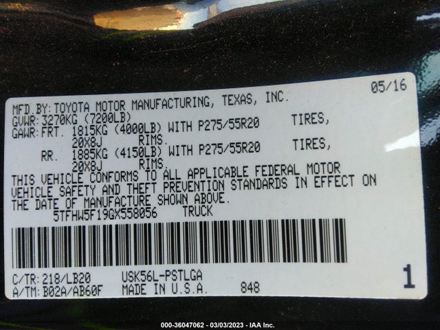 2016 Toyota Tundra, VIN: 5TFHW5F19GX558056
