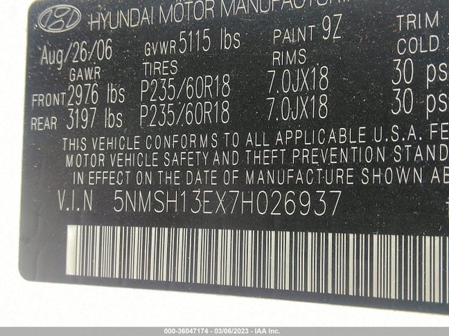 2007 HYUNDAI SANTA FE SE/LIMITED VIN: 5NMSH13EX7H026937