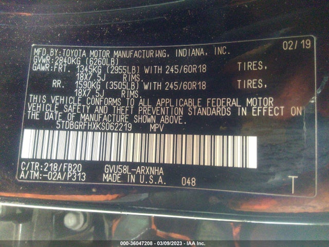 Toyota Highlander Hybrid Le 2019 5TDBGRFHXKS062219 Image 9