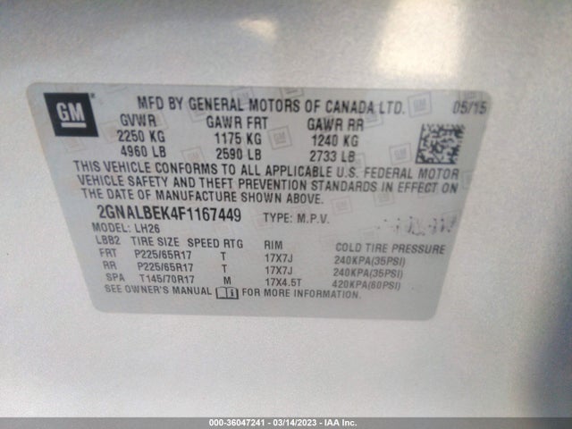 Chevrolet EQUINOX LT 2015 2GNALBEK4F1167449 Image 9