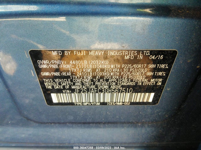 Subaru Forester 2.5i Premium 2016 JF2SJAFC3GH567510 Image 10