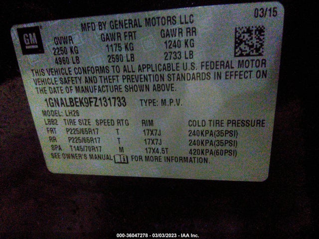 Chevrolet EQUINOX LT 2015 1GNALBEK9FZ131733 Image 11