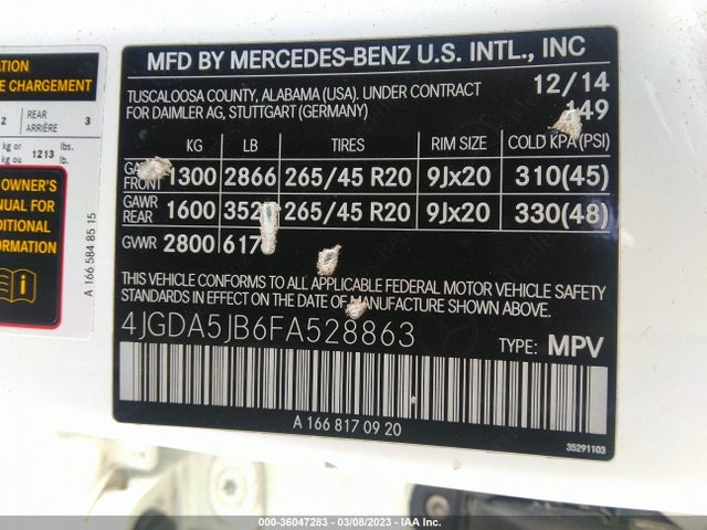 2015 MERCEDES-BENZ M-CLASS ML 350 VIN: 4JGDA5JB6FA528863