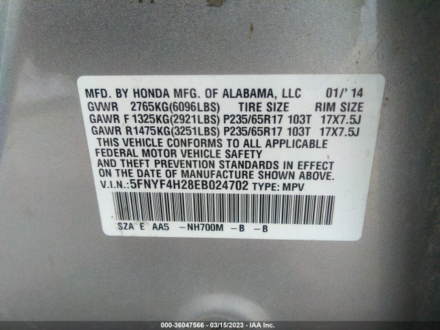 Honda PILOT LX 2014 5FNYF4H28EB024702 Image 10