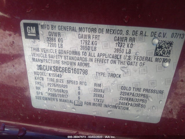 2014 CHEVROLET SILVERADO 1500 LTZ VIN: 3GCUKSEC6EG160798