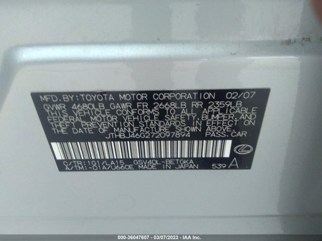 Lexus ES 350 2007 JTHBJ46G272097894 Image 10