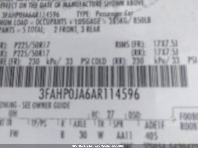 2010 FORD FUSION SEL VIN: 3FAHP0JA6AR114596