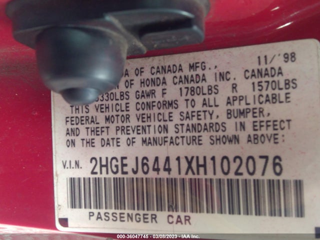 1999 HONDA CIVIC DX VIN: 2HGEJ6441XH102076