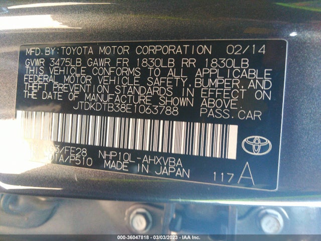 2014 Toyota Prius C One/three/two/four მანქანა იყიდება აუქციონზე, vin: JTDKDTB38E1063788, აუქციონის ნომერი: 36047818