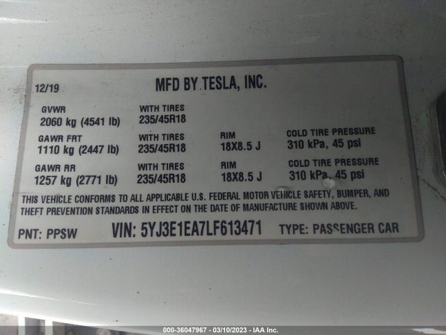 Tesla Model 3 Standard Range 2020 5YJ3E1EA7LF613471 Image 9