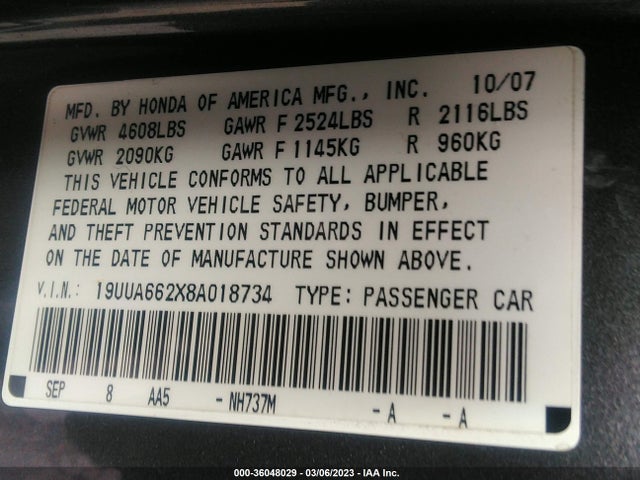 Acura TL 2008 19UUA662X8A018734 Image 10