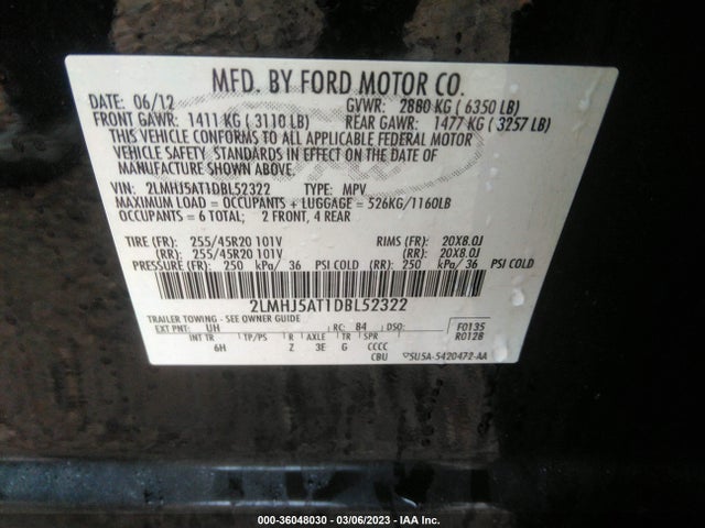 2013 LINCOLN MKT ECOBOOST VIN: 2LMHJ5AT1DBL52322