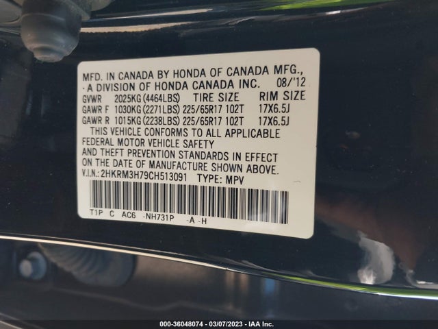 2012 HONDA CR-V EX-L VIN: 2HKRM3H79CH513091