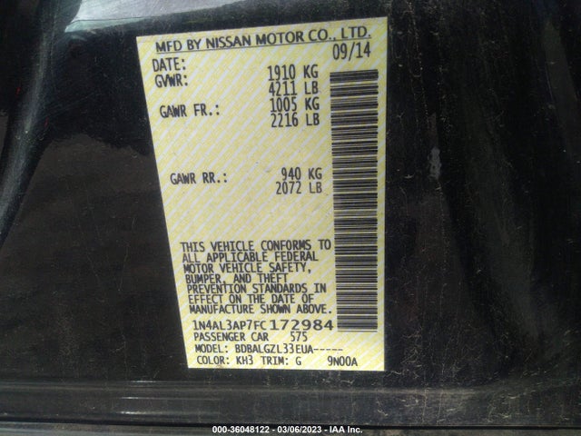 Nissan ALTIMA 2.5 2015 1N4AL3AP7FC172984 Image 10
