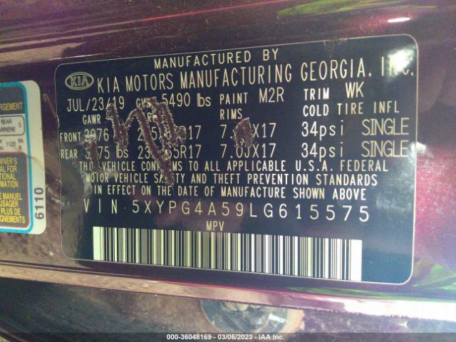 5XYPG4A59LG615575 KIA Sorento Lx V6